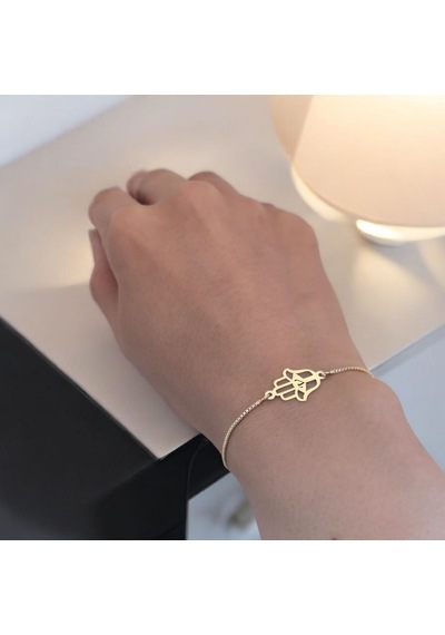 V Harfine Özel 14 Ayar Altın Plakalı Zincirli Hamsa Motifli Hediye Bileklik-497harf V