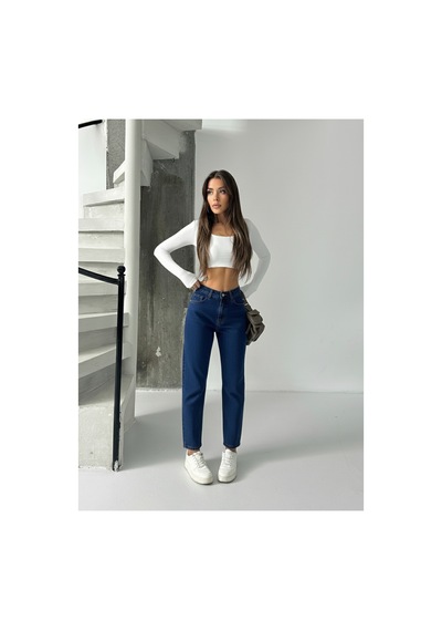 Bluemarlin Yüksek Bel Tam Kalıp Mom Jeans Pantolon Lacivert