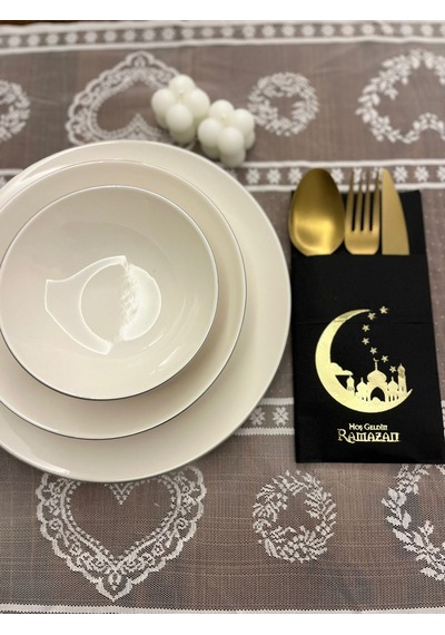 Gold Yaldızlı Siyah Hoşgeldin Ramazan Yeni Ay Desenli Cepli Peçete 12 Li