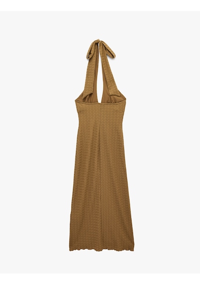 Koton Bürümcük Kumaş Dokulu Slim Fit Boyundan Bağlamalı Derin V Halter Yaka Midi Elbise Kahverengi 6sak80235ek Kahve