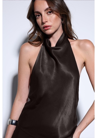 Antioch Saten Halter Kadın Top Koyu Kahve
