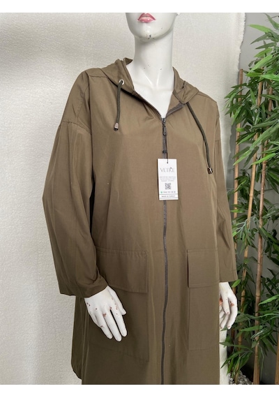 Vetre Kadın Büyük Beden Kapüşonlu Oversize Haki Trençkot 2002 Haki