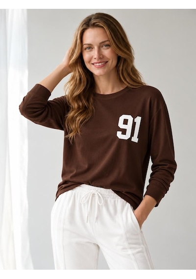 Nealirsanall.com Kadın "91" Baskılı Uzun Kollu İnce Sweatshirt / Body Kahverengi