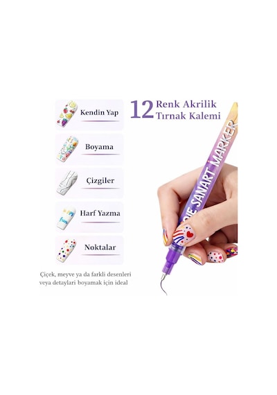Rıvano 12 Renk Oje Sanatı Kalemi Seti, Su Bazlı Hızlı Kuruyan Tırnak Art Kalemi, Çocuklar Ve Ye