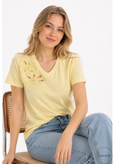 Cassime Kadın Sarı %100 Pamuk Regular/normal Kalıp Çiçek Nakışlı Örme T-shirt
