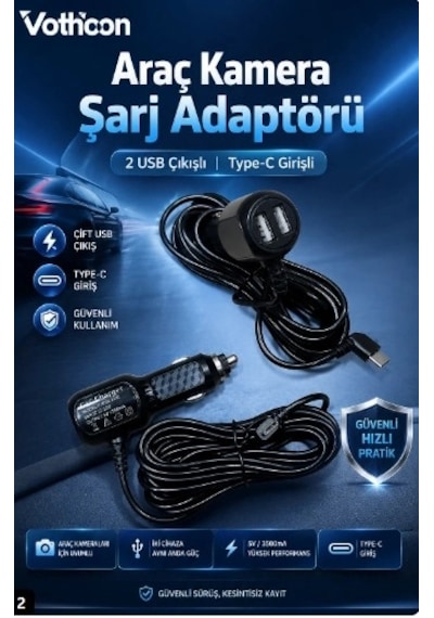 Araç Kamera Şarj Adaptörü 2 Usb Li Type-c Girişli 3.5 Metre Kablo Uzunluğu Ürün Kamera Değildir