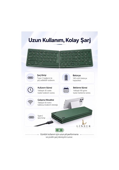 Yeşil Katlanabilir Bluetooth Şarjlı Kablosuz Klavye Tablet Telefon Ve Laptop Uyumlu. Yeşil