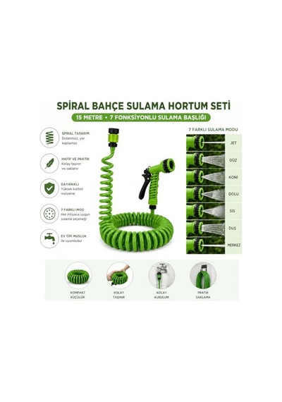 15 Metre Spiral Bahçe Sulama Hortumu Seti, 7 Fonksiyonlu Sprey Tabancalı Uzayabilir Kompakt Hortum, Pratik Bahçe Hort