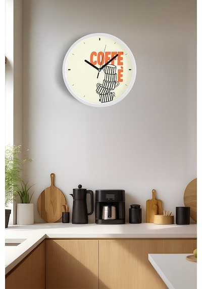 Modern Yazılı Tasarım - '' Coffee '' Mutfak Duvar Saati - 42cm - Önü Camlı Beyaz Kasa Beyaz