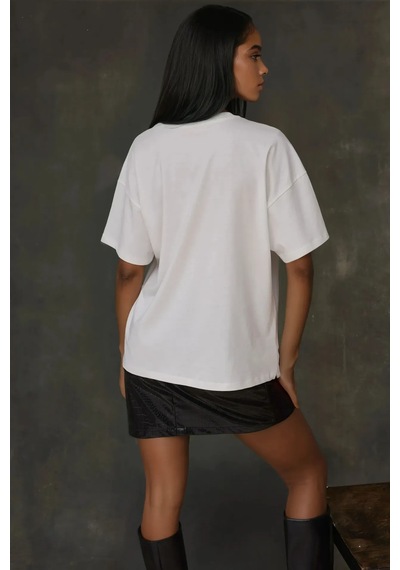 Hiccup Kadın %100 Pamuk Bisiklet Yaka Oversize Beyaz Baskılı T-shirt Balkabağı Portakalı