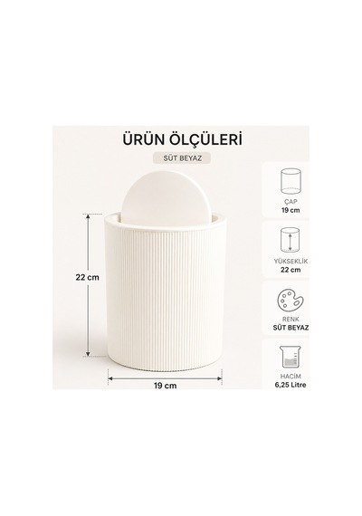 Novaflip Açılır Kapaklı Yuvarlak Çöp Kovası 6,25 L Kompakt & Modern Tasarım 22 19 Cm Beyaz