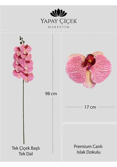 Fuşya Yapay Orkide Çiçeği Tek Dal Premium Canlı Islak Dokulu 98 Cm
