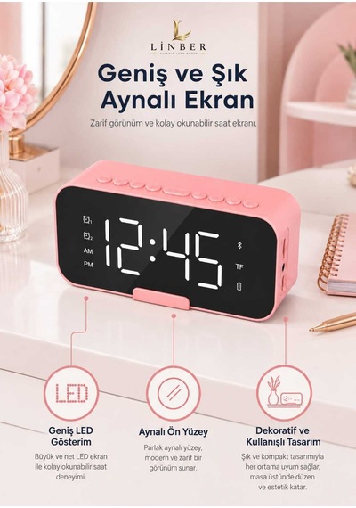 Pembe Bluetooth 5.0 Aynalı Masa Saati Ve Hoparlör 2 Alarm, Erteleme, Fm Radyo, Tf Kart Ve Dahili Mikrofon Pembe Pembe