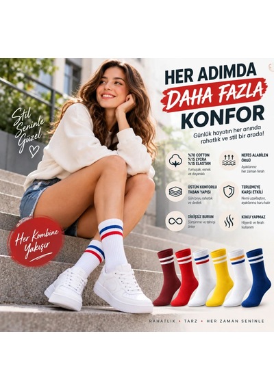 Storeşahin Unisex Renkli Çorap Çizgili 6'lı Set Uzun Soket Günlük Spor Kolej Stil Rahat Şık Kadın Erkek Çorabı Shn0720 Çok  Renkli