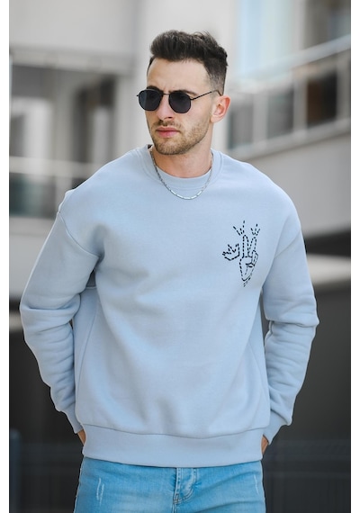 Oksit Trc 2719 Üç İplik Şardonlu Sırt Baskılı Bisiklet Yaka Oversize Erkek Sweatshirt 001