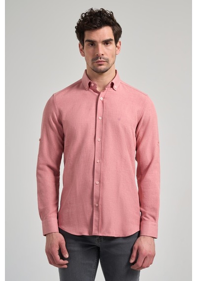 İmza Pembe Kısalabilir Kol Düz Gabardin Düğmeli Yaka Cepsiz Casual Slim Fit Gömlek 1004250124 965 Pembe
