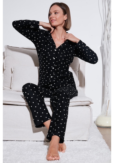 Lela Streç Standart Fit Düğmeli Bayan Pijama Takımı 60956601 Siyah