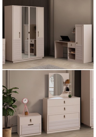 Vela Genç Odası Takımı - 4 Kapaklı Aynalı Dolap, Çalışma Masası, Şifonyer, Komodin Renkli Vela Genç Odası Takımı - 4 Kapaklı Aynalı Dolap, Çalışma Masası, Şifonyer, Komodin Renkli