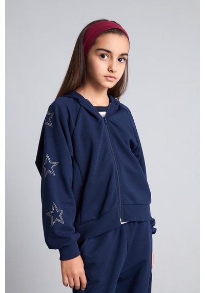 Defacto Kapüşonlu Fermuarlı Yıldız Detaylı Sweatshirt Hırka Kız Çocuk I2953a826aunv31 Lacivert-nv31