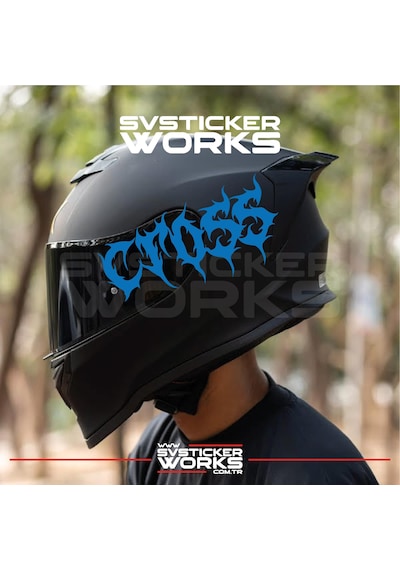 Cross Yazılı Kask Sticker Tüm Kasklar Uyumlu Tek Yön 1 Adet Mavi