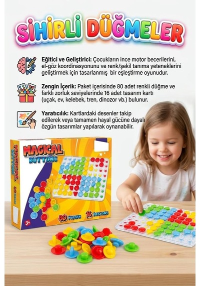 Sihirli Düğmeler 80 Parçalı 16 Farklı Tasarımlı Renkli Parçalı Eğitici Oyuncak