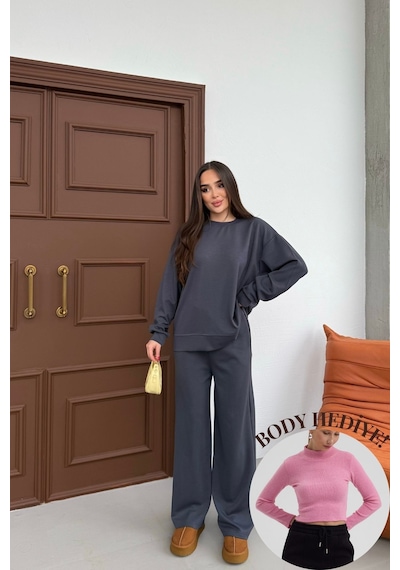 Mezka Basic Yumuşak Premium Kumaş Uzun Beli Lastikli Bol Paça Modal Alt-üst Takım Füme