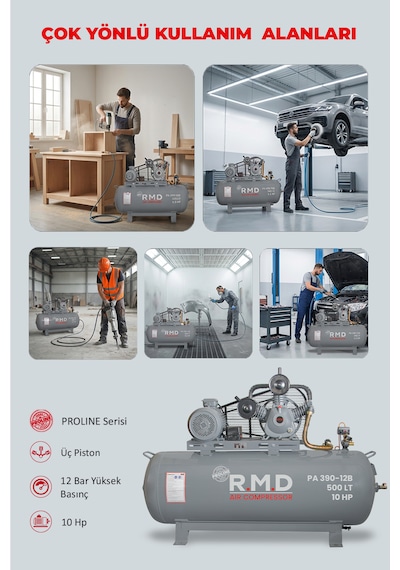R.m.d Kompresör Pistonlu Hava Kompresörü 500 Lt 3 Kafa 12 Bar 10 Hp I Paı390ı12b
