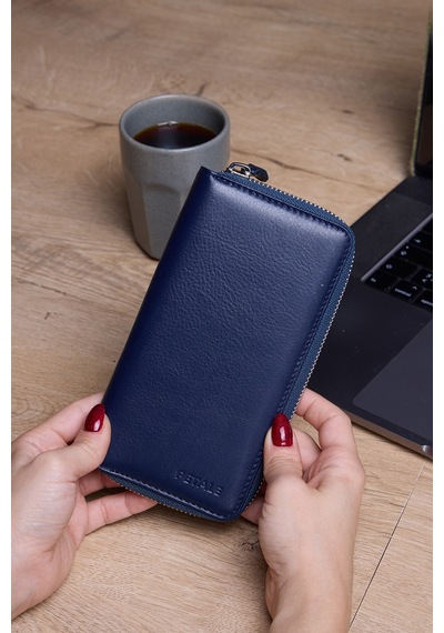 Lysande Hakiki Deri Unisex Telefon Bölmeli Cüzdan 15 Kartlıklı Cüzdan Kartlık Lacivert