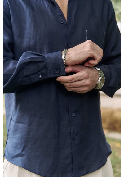 Mai Collection Mai Studios Co. Ombretta Lacivert Keten Oversize Erkek Gömlek Lacivert