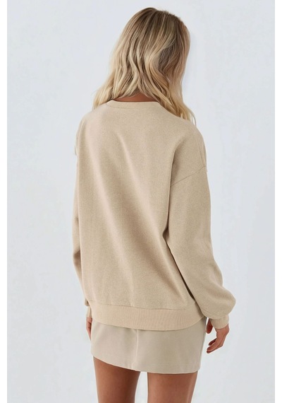 Hiccup Baskılı Yuvarlak Yaka Sweatshirt Bej Doğal