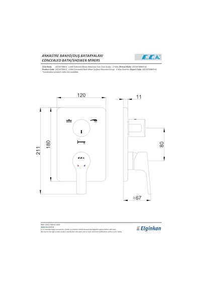 Eca Luna Ankastre Sıva Üstü 3 Yollu 102167306-K Banyo Bataryası Krom