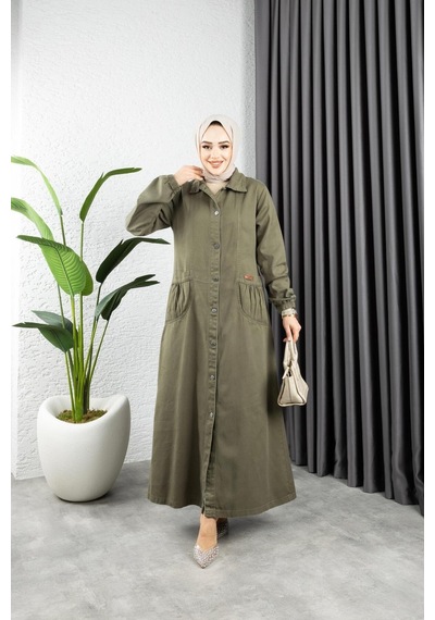 Harman Butik Kadın Düğmeli Torba Cepli Gabardin Kap Haki Haki