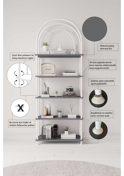 Çevir Kur Atlantik Çam Bohem Kitaplık Çok Amaçlı, 5 Raflı, Dekoratif Dolap 199x71x29 Cm Antrasit Çevir Kur Atlantik Çam Bohem Kitaplık Çok Amaçlı, 5 Raflı, Dekoratif Dolap 199x71x29 Cm Antrasit