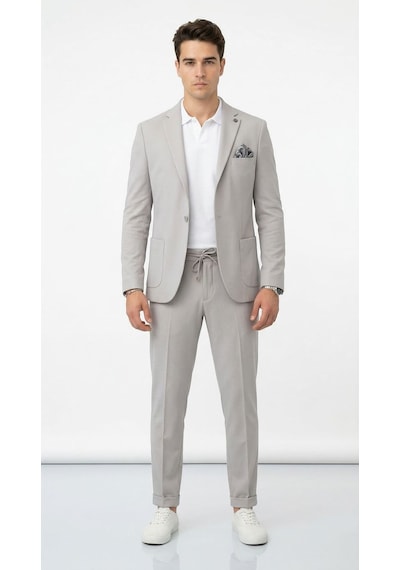 Pike Kumaş Jogger Pantolonlu Erkek Takım Elbise Torba Cepli Tek Düğme Slim Fit Kombin Gri