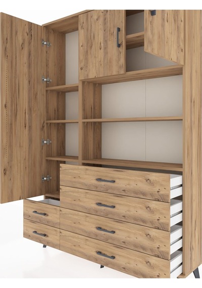 Arges Dolap 8 Raflı 6 Çekmeceli 3 Kapaklı 132x30x195 Çam-çam/çam Çam