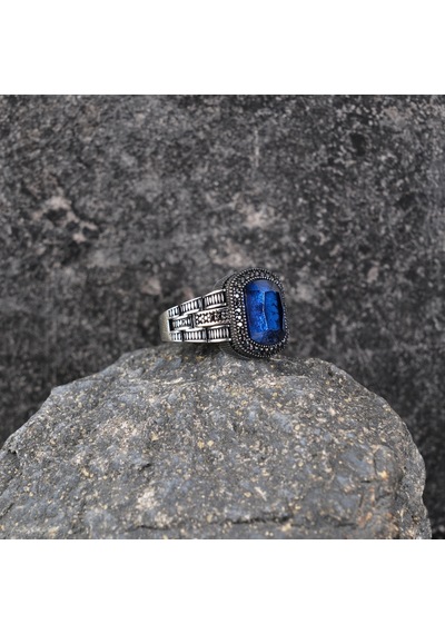 Safir Lacivert Ve Mikro Zirkon 925ayar Gümüş Erkek Yüzük