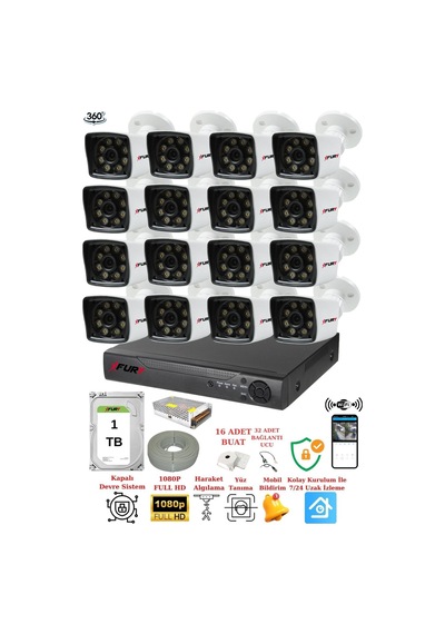 Fury 16 Kamera 5mp Lens 1080p 2mp Color Görüntü 8 Warm Led Gece Görüş Fullhd Güvenlik Kamera 25w 1tb