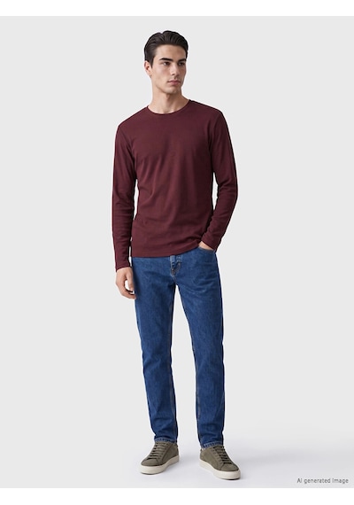 LC Waikiki Lcwaıkıkı Classic Gri Melanj Bisiklet Yaka Uzun Kollu Penye Erkek Tişört Bordo