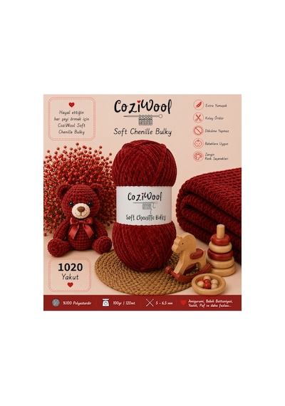 Kadife İp Soft Chenille Bulky 5'li Paket 5x100 Gr 120 Mt El Örgü İpi Yakut - 875823131