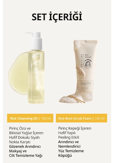 Makyaj Temizleme Yağı & Temizleme Köpüğü İçeren 2 Adımlı Set Mıdha Rice 2 Step Cleansing Duo Set