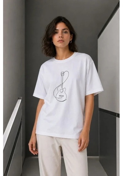 Dogutrend Minimal Gitar Baskılı Tişört T-shirt Yazlık Kısa Kol Bisiklet Yaka T-shirt - Beyaz