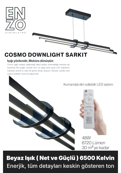 Cosmo Füme Işık Lineer Led Sarkıt Avize Kumandalı Dim Edilir Aşağı Işık Beyaz Işık