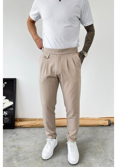 Bej Kemer Detaylı Regular Fit Kumaş Pantolon