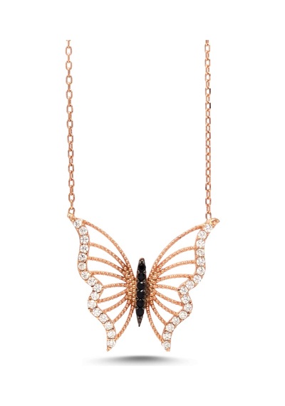 Kadın Kelebek Tasarım 925 Ayar Gümüş Rose Renk Kolye Rose Gold - Siyah
