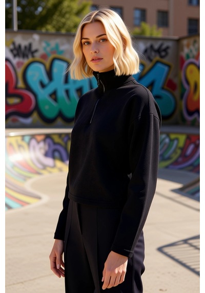 Benerly Kadın Dik Yaka Düşük Kol Fermuarlı Regular Kalıp Örme Sweatshirt siyah