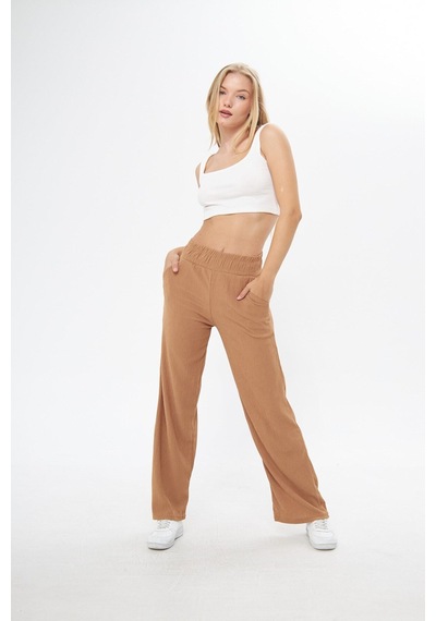 Thiff Gymwear Siyah Beli Lastikli Bol Paça Çift Cepli Yüksek Bel Bürümcük Örme Kadın Pantolon Camel