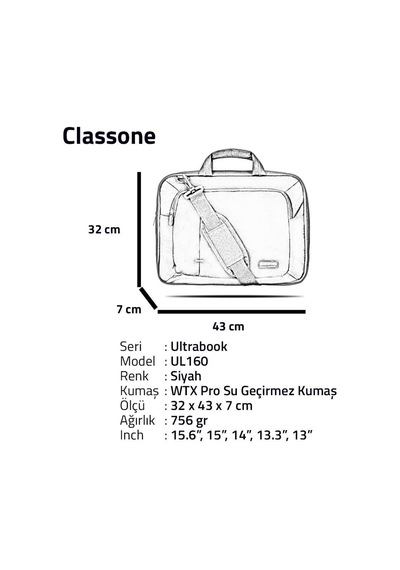 Classone Ul160 15.6 İnç Uyumlu Laptop Notebook El Çantası