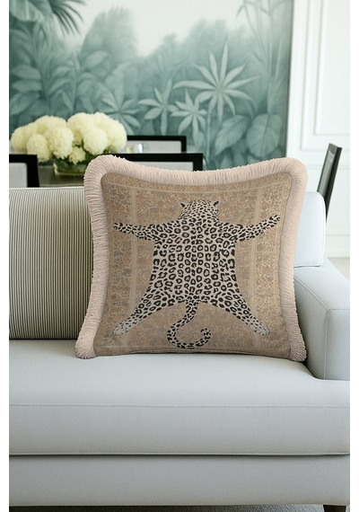 Lüks Leopar Saçaklı Yastık Kılıfı - Vintage Bohem Bej Altın Renkli Püsküllü Kırlent Kılıfı Doygun Sisli Bakır Lüks Leopar Saçaklı Yastık Kılıfı - Vintage Bohem Bej Altın Renkli Püsküllü Kırlent Kılıfı Doygun Sisli Bakır