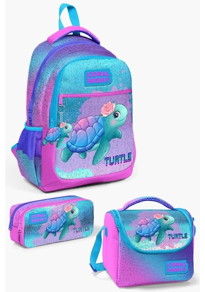 Coral High Kids Açık Pembe Mavi Kaplumbağa Desenli 3 Lü Okul Çanta Seti Set0123497 Çok Renkli