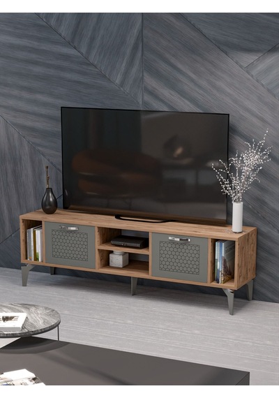 Tv Sehpası Tv Ünitesi Atlantik Çam Antrasit Gümüş 160 Cm Linya 5041 Metalik